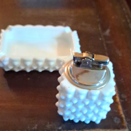 White milk glass hobnail table - glass,